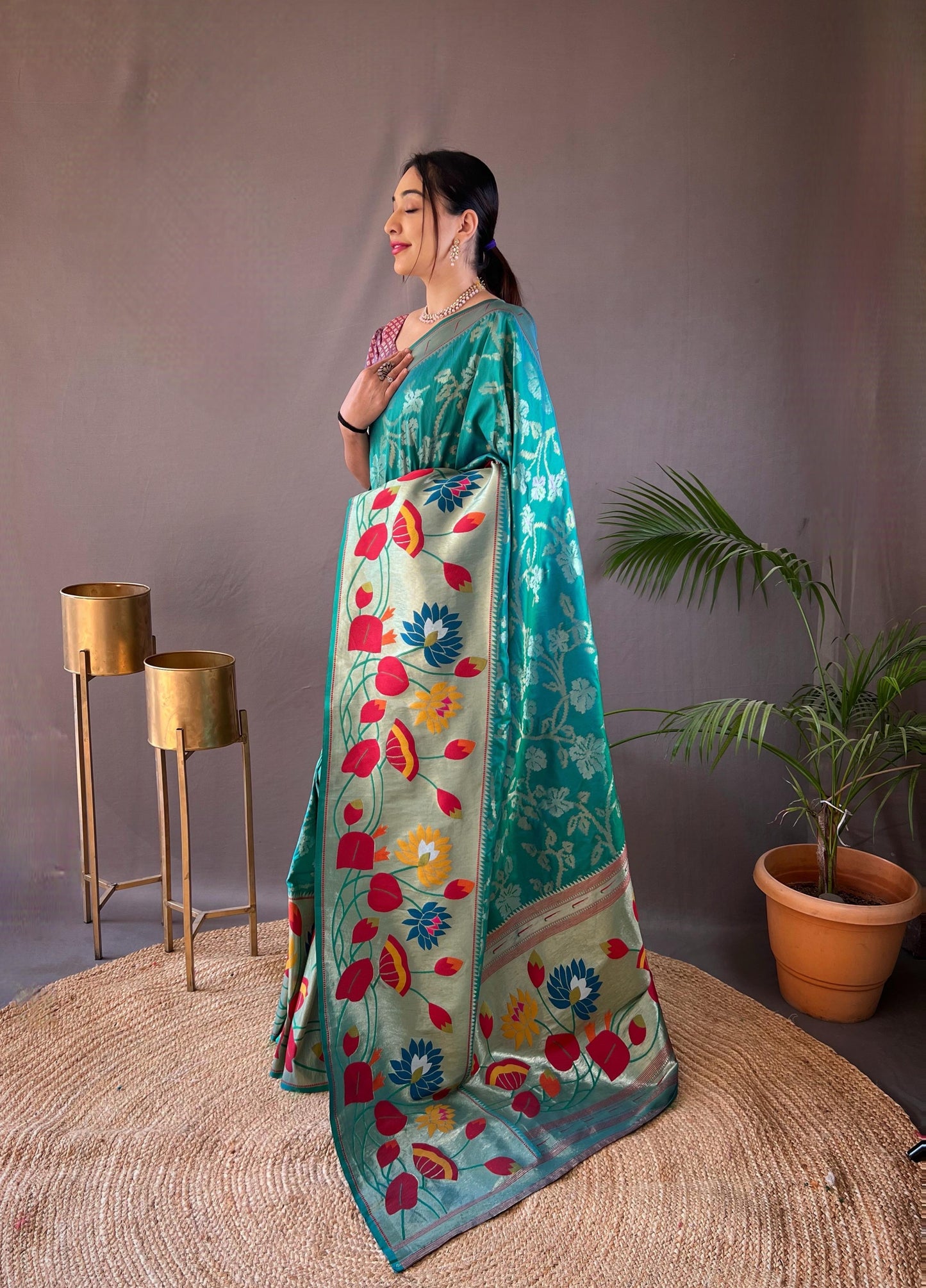 Suhani - Pure Paithai Silk Floral Weaved Saree with Stitched Blouse Options