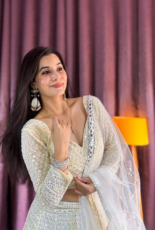 Classy Off white Soft Georgette Lehenga with Sequins work Fully Stitched