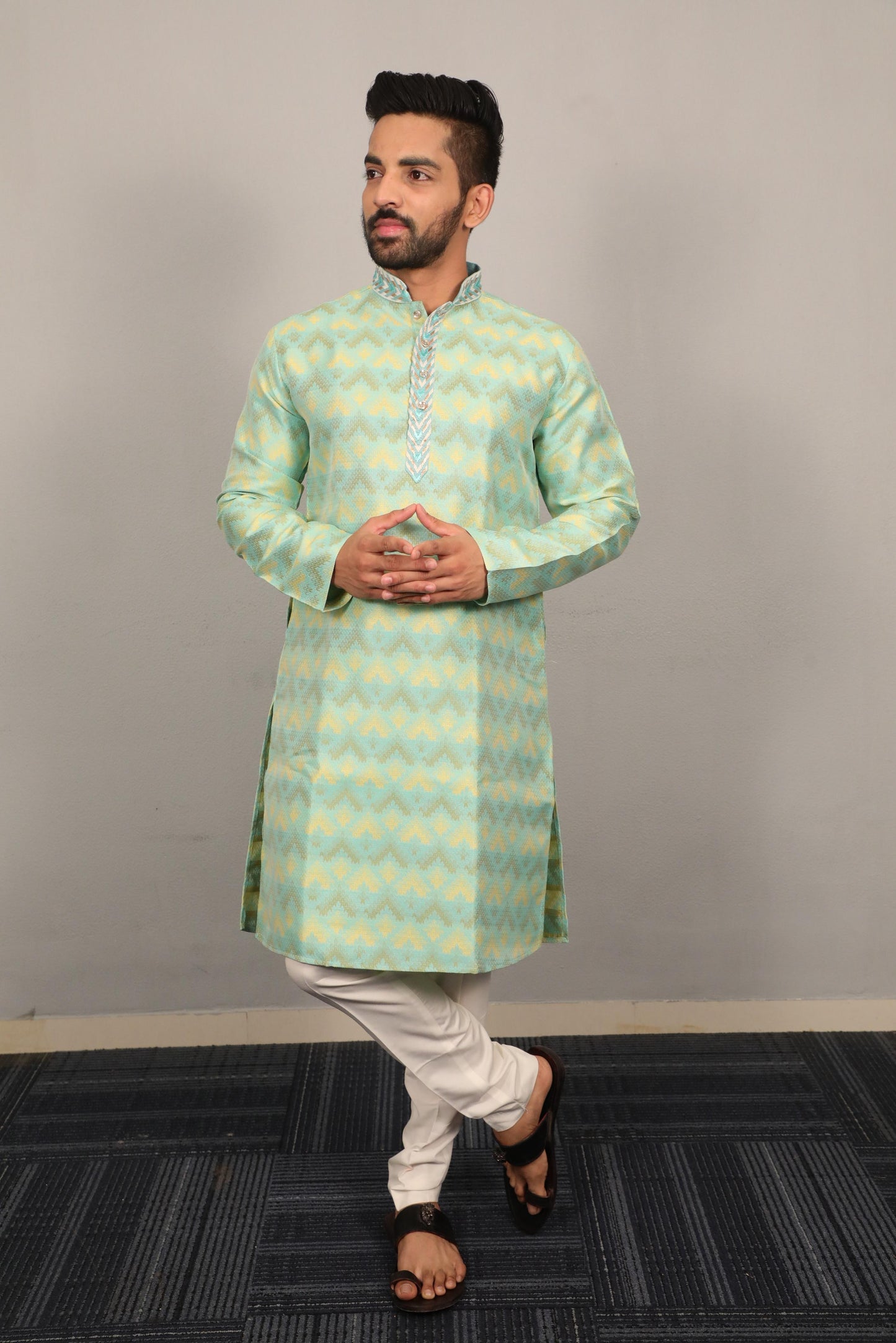 Men's Soft Jacquard Silk Self Weaving Pattern Kurta with Pajama