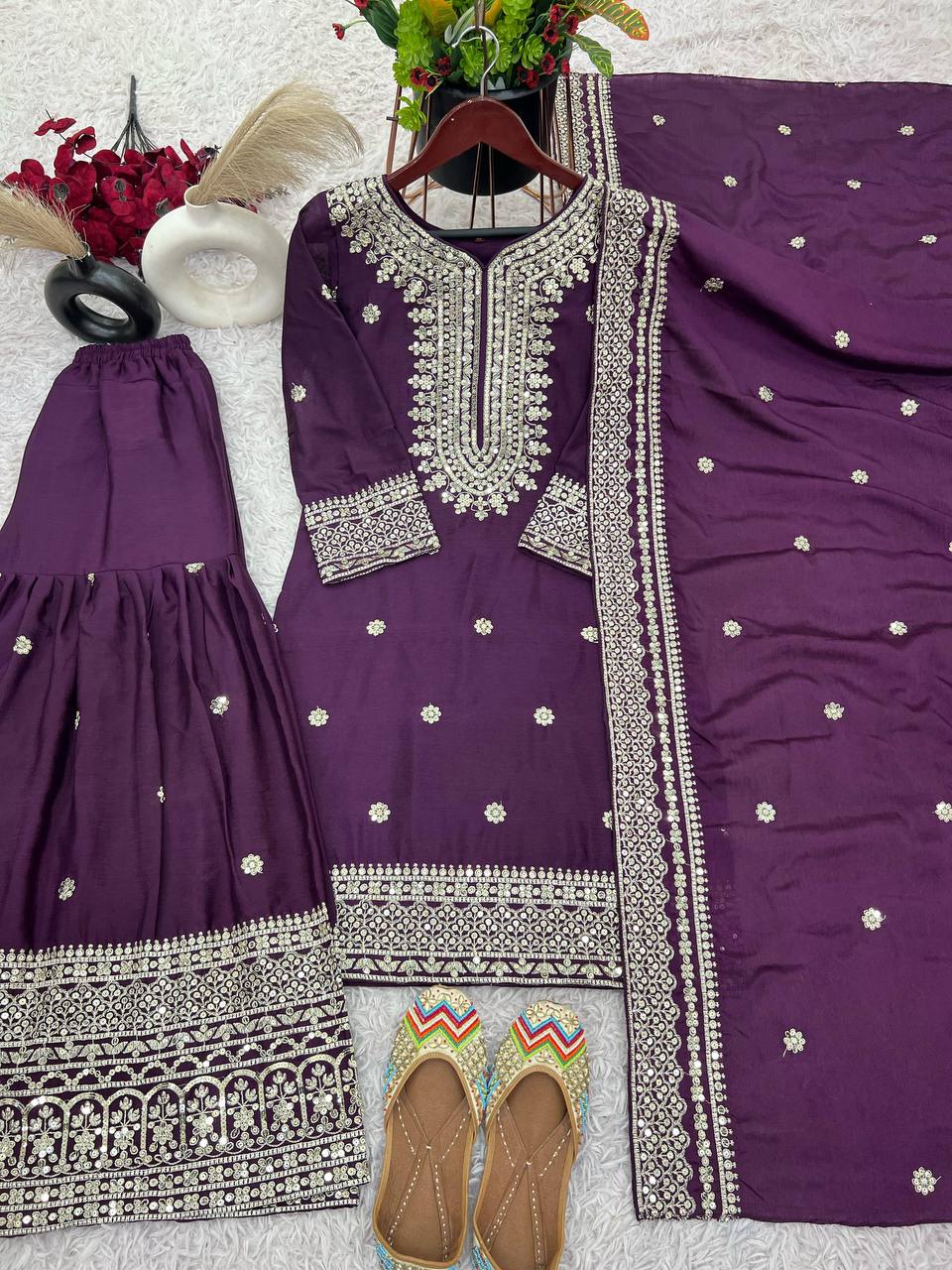 Purple wine Punjabi Sharara set fully stitched
