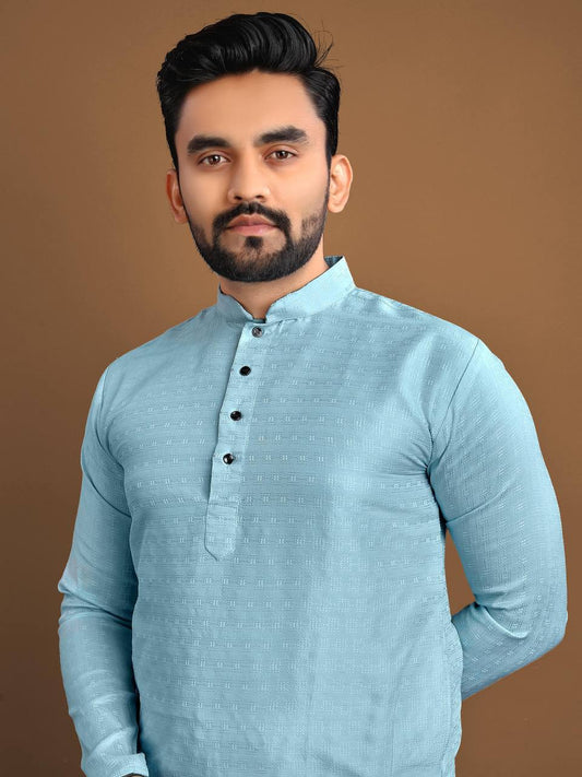 Pastel blue Men's kurta Weaving style jaquard fabric with pure Cotton Pajama