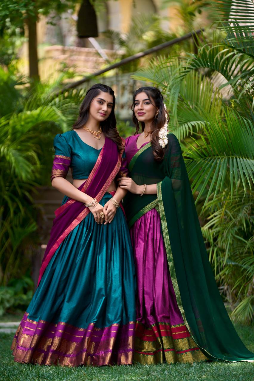 Bottle Blue Cotton Premium Fully Stitched Lehenga