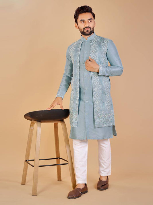 Pastel blue Men's Indo western style koti kurta with pajama