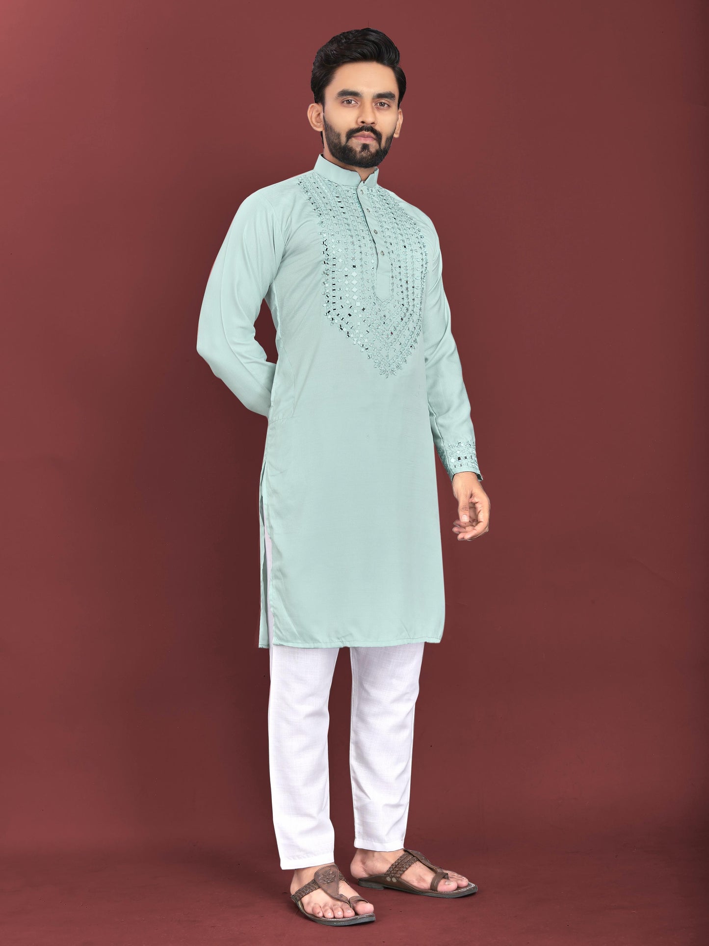Men's Unique Exclusive Kurta with Real Mirror Neck Work with Cotton Pajama
