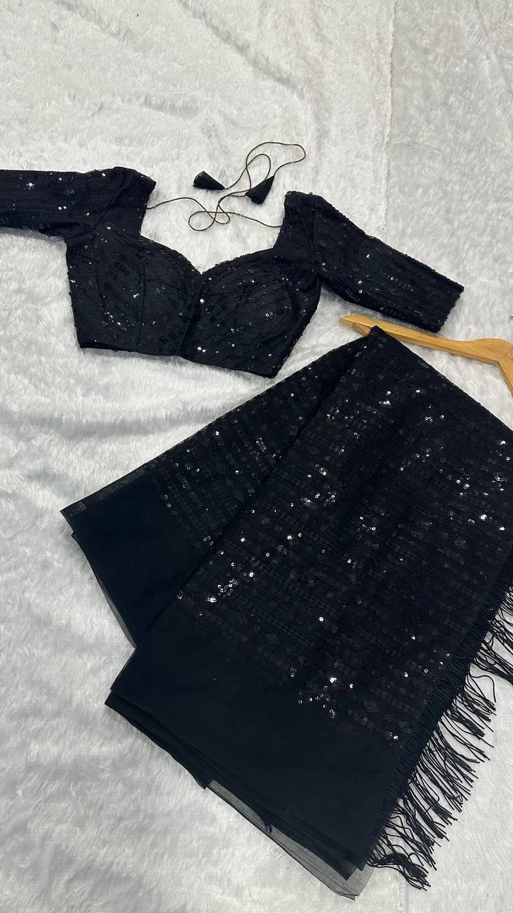 Dinner or Party Special Jet Black Sparkling Sequins Saree with Stitched Blouse