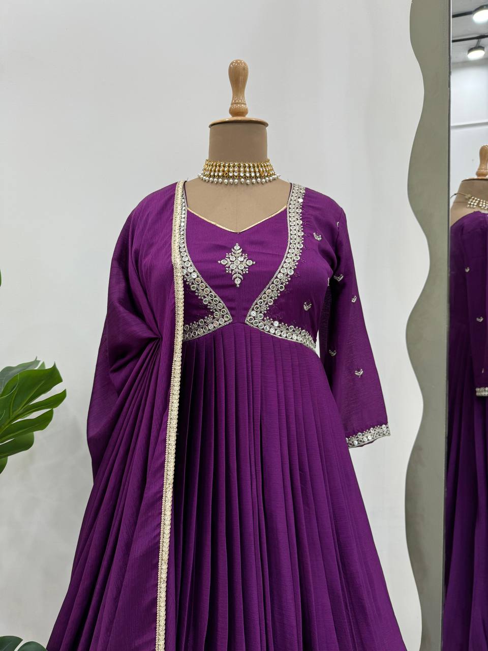 Fully stitched Wine Premium Neckline Work Anarkali style dress