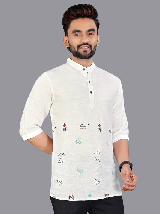 Off White Men's Premium Linen Print Short Kurta for Casual or Festive Look