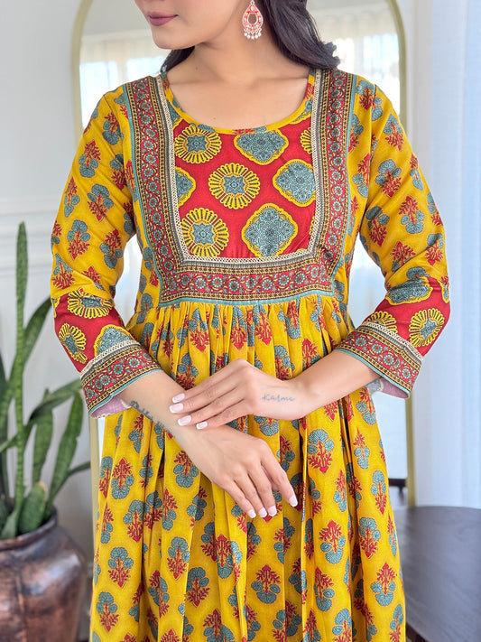Grace by Kiara - Beautiful Mustard Rayon Cotton Kurti Readymade Set