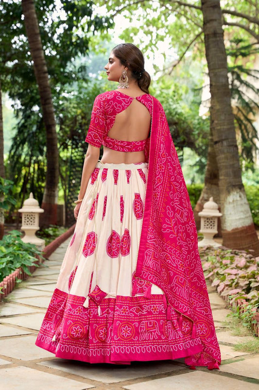 Navratri Special Pink Bandhani Print Fully Stitched Lehenga