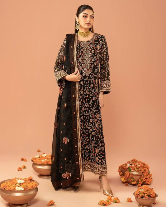 Premium Black Heavy embroidered fully stitched suit