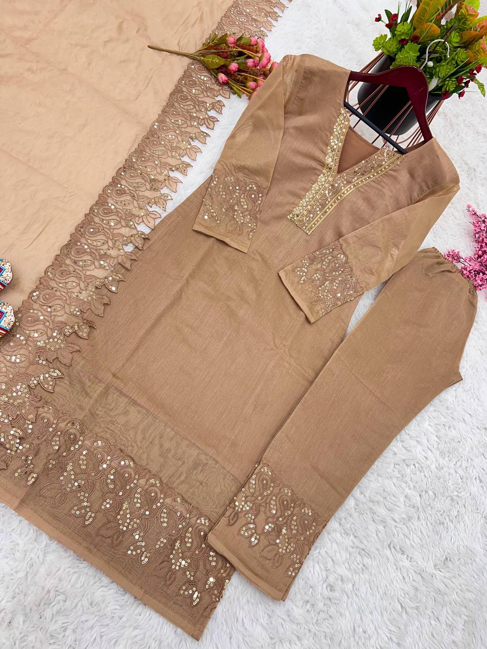 Premium Brown Chanderi Silk Readymade Suit