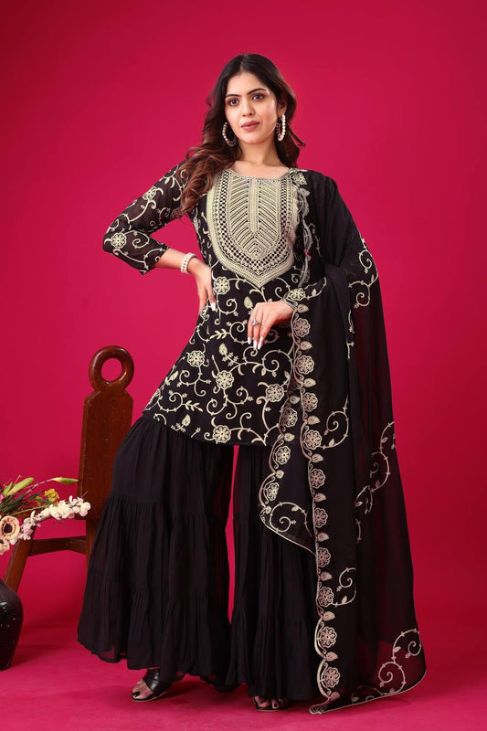 Soft Georgette Black Sharara Set Fully Stitched