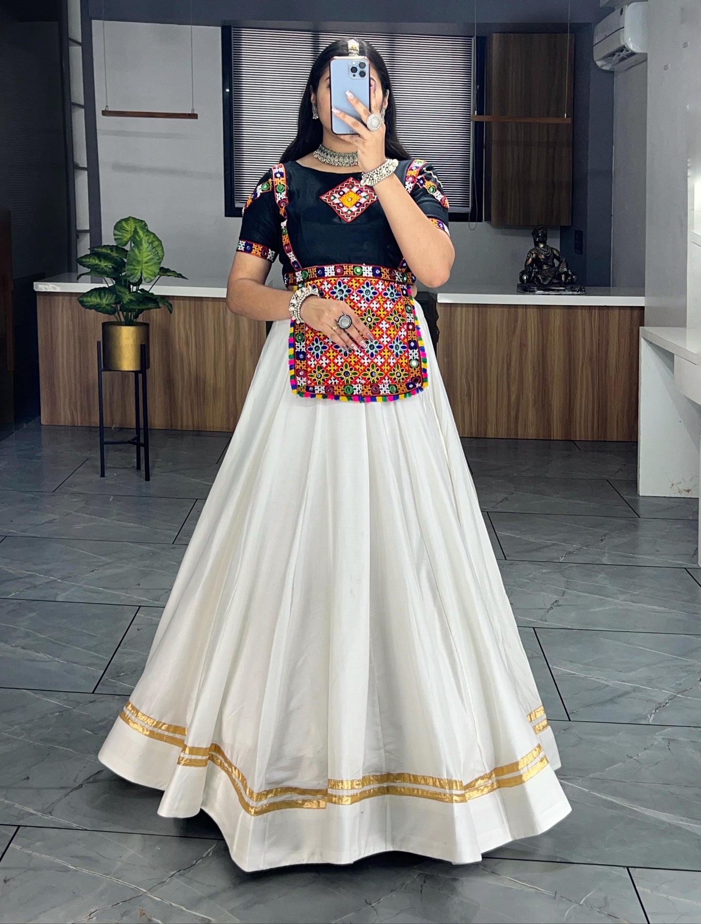 Unique Kediya Pattern Black and White Pure Cotton Chaniya Choli for Navratri