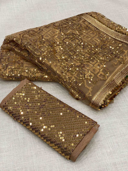 Designer Gold net saree with gold sequins and fully stitched blouse
