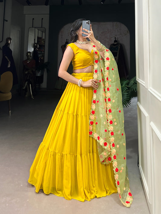 Haldi Special Mustard Yellow Soft Georgette Lehenga with Floral Dupatta