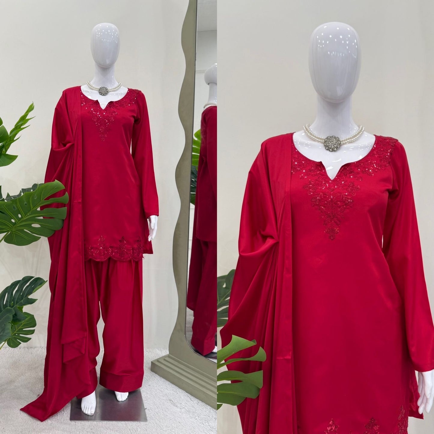 Cherry Pink Soft Silk with sequins work Punjabi Suit Fully Stitched