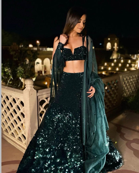 Emerald Green Georgette Sequins Work Lehenga Fully Stitched