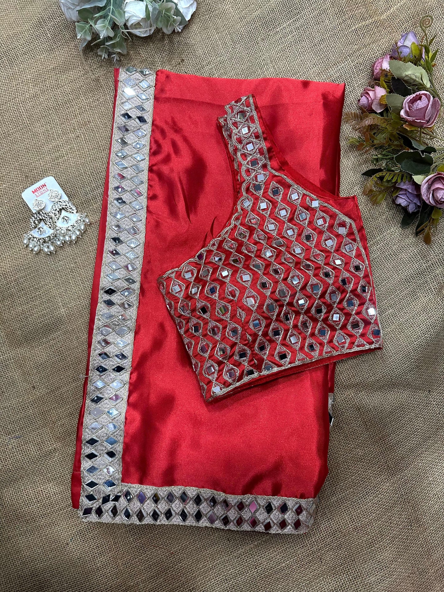 Red Bollywood Style Partywear Saree with Original Mirror Work and Embroidery