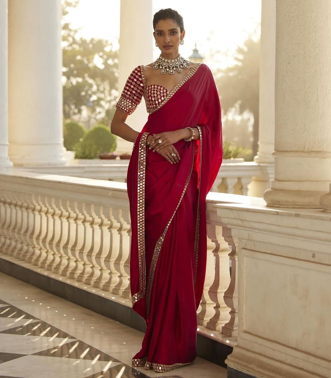 Red Bollywood Style Partywear Saree with Original Mirror Work and Embroidery