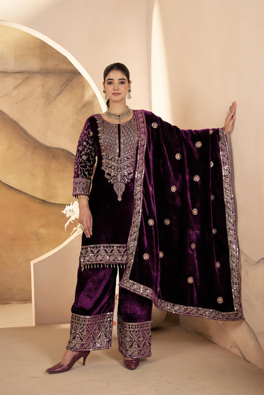 Noor - Wine Premium Velvet Fabric with beautiful Embroidery Suit Fully Stitched