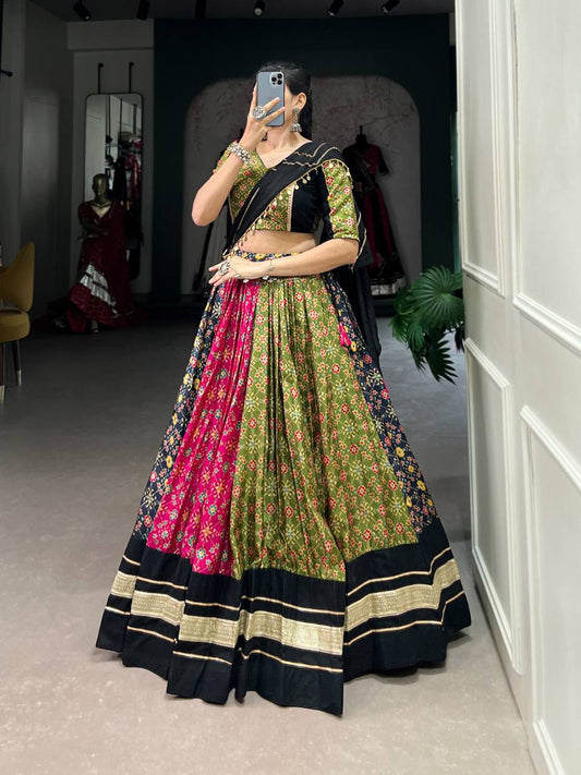 Navratri Special Multicoloured Dola Silk Fully Stitched Lehenga Choli