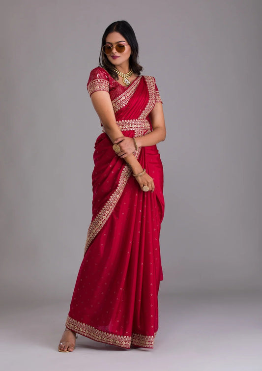 Gajri Chinnon saree with fully stitched blouse