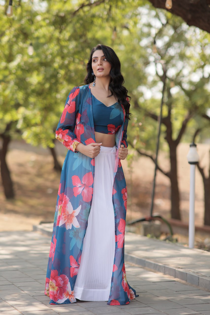 Faux Georgette Blue Lehenga with Shrug Style