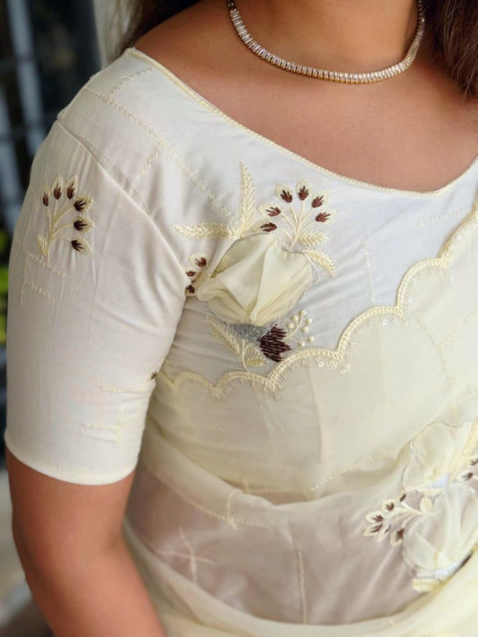 Classy Off White Beautiful Embroidered Floral Work Saree with Stitched Blouse Options