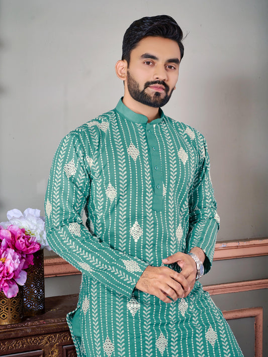Soft Cotton Linen Men's Kurta with Thread Embroidery Work & Cotton Pajama
