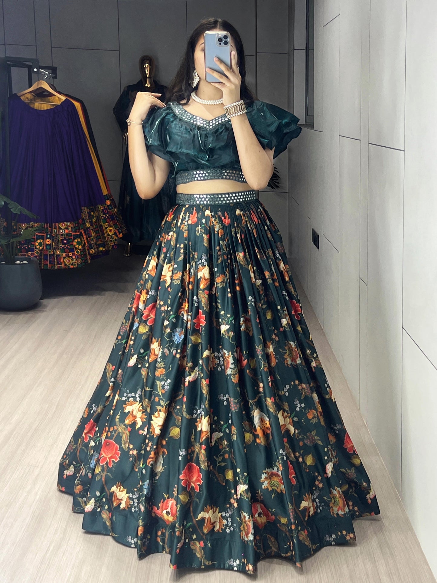 Pure Muslin Dark Bottle Green Casual Lehenga Fully Stitched