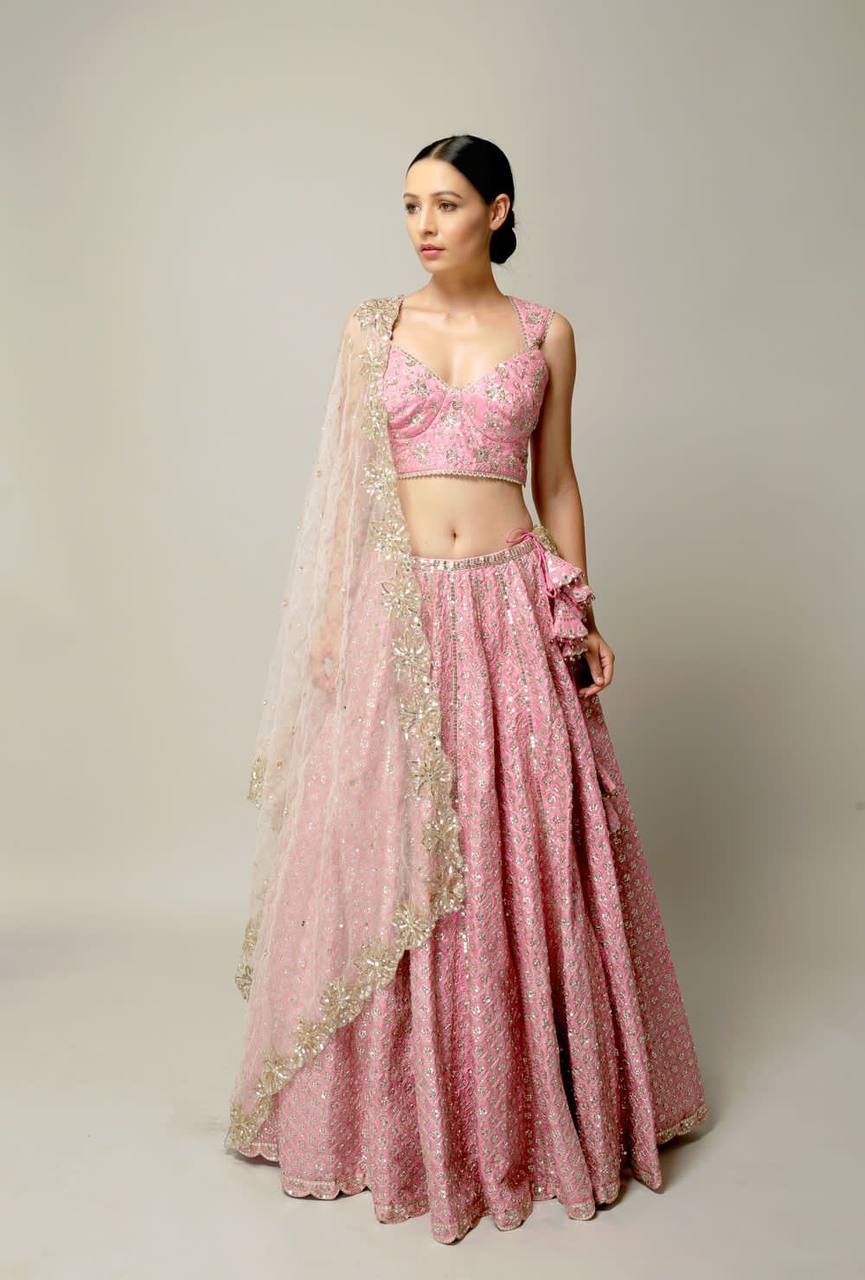 Peach satin silk fully stitched sequenced lehenga