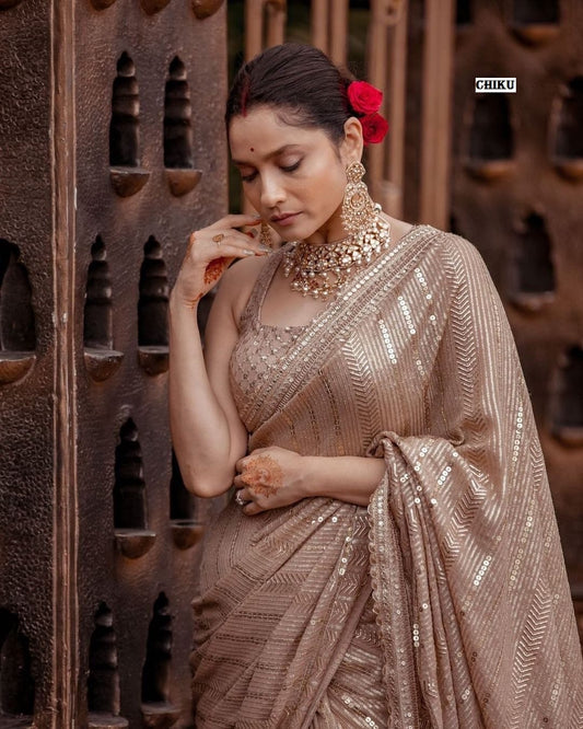 Pure georgette & fully sequins saree with stitched blouse