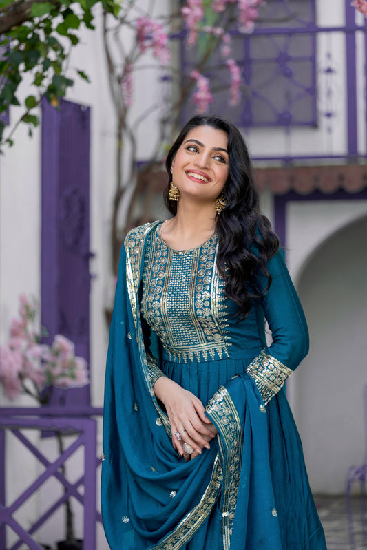 Harshita - Premium Silk Turquoise Gown with Sequins Work Fully Stitched