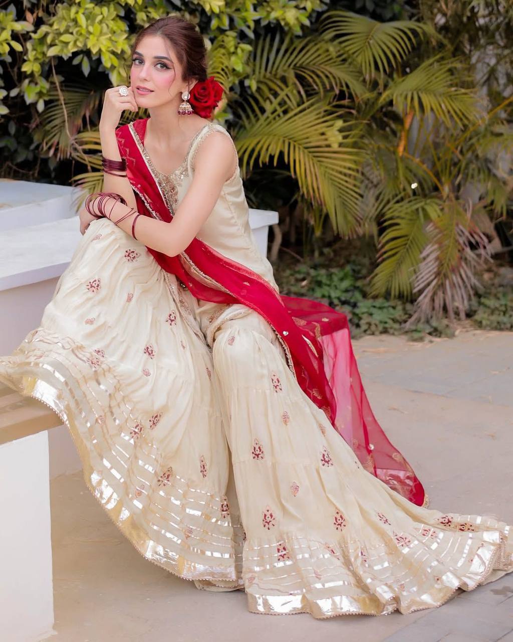 Cream & Pink Beautiful Embroidered Classic Sharara Suit Fully Stitched