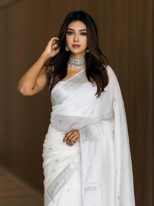White linen slub saree with stitched blouse