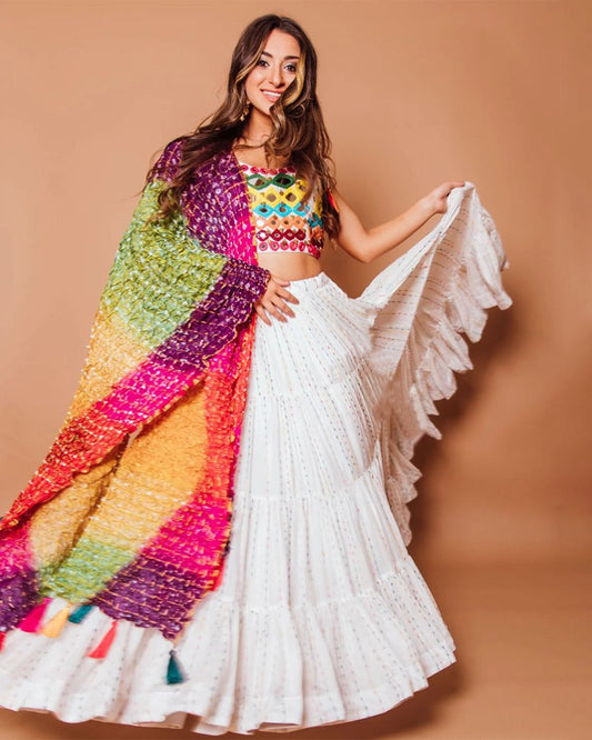 White Rainbow Soft Georgette Fully Stitched Lehenga Choli with Dupatta