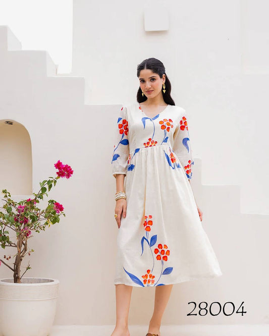 White Beautiful Floral Printed Soft Kota Fabric Casual Wear Readymade upto 6XL sizes