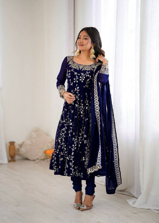Preeva - Navy Blue Soft Georgette with Full Embroidery Gown Fully Stitched