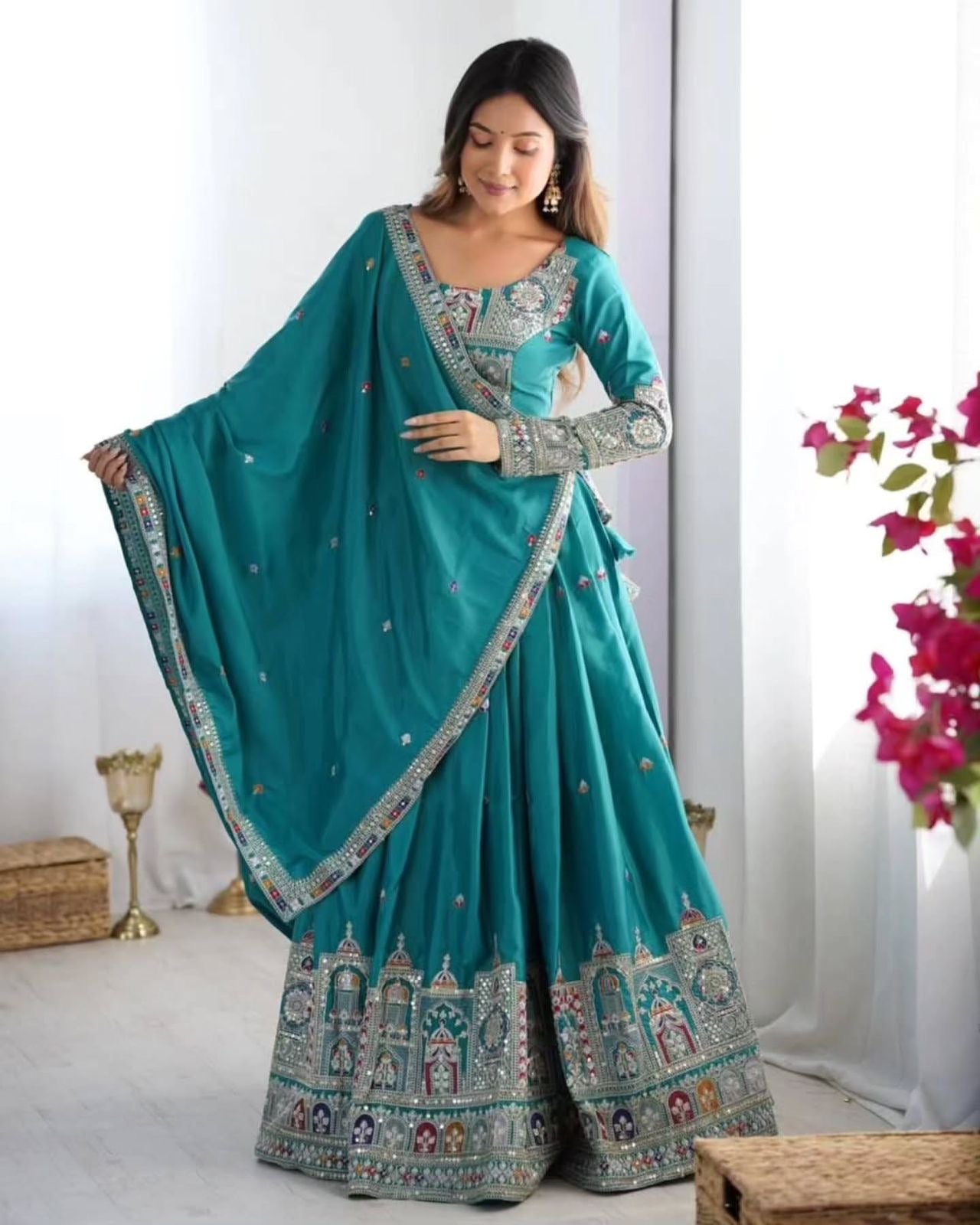 Navratri Special Vichitra Silk with Beautiful Embroidered Fully Stitched Lehenga