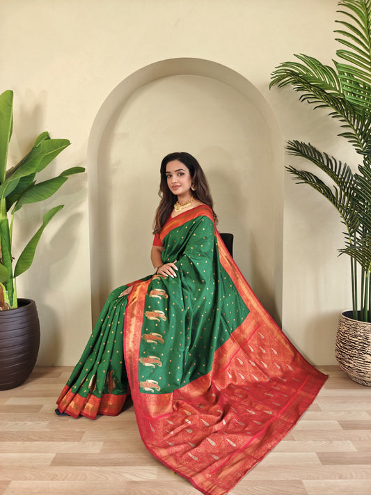 Green Pure Paithani Silk Saree with rich weaving with Stitched Blouse