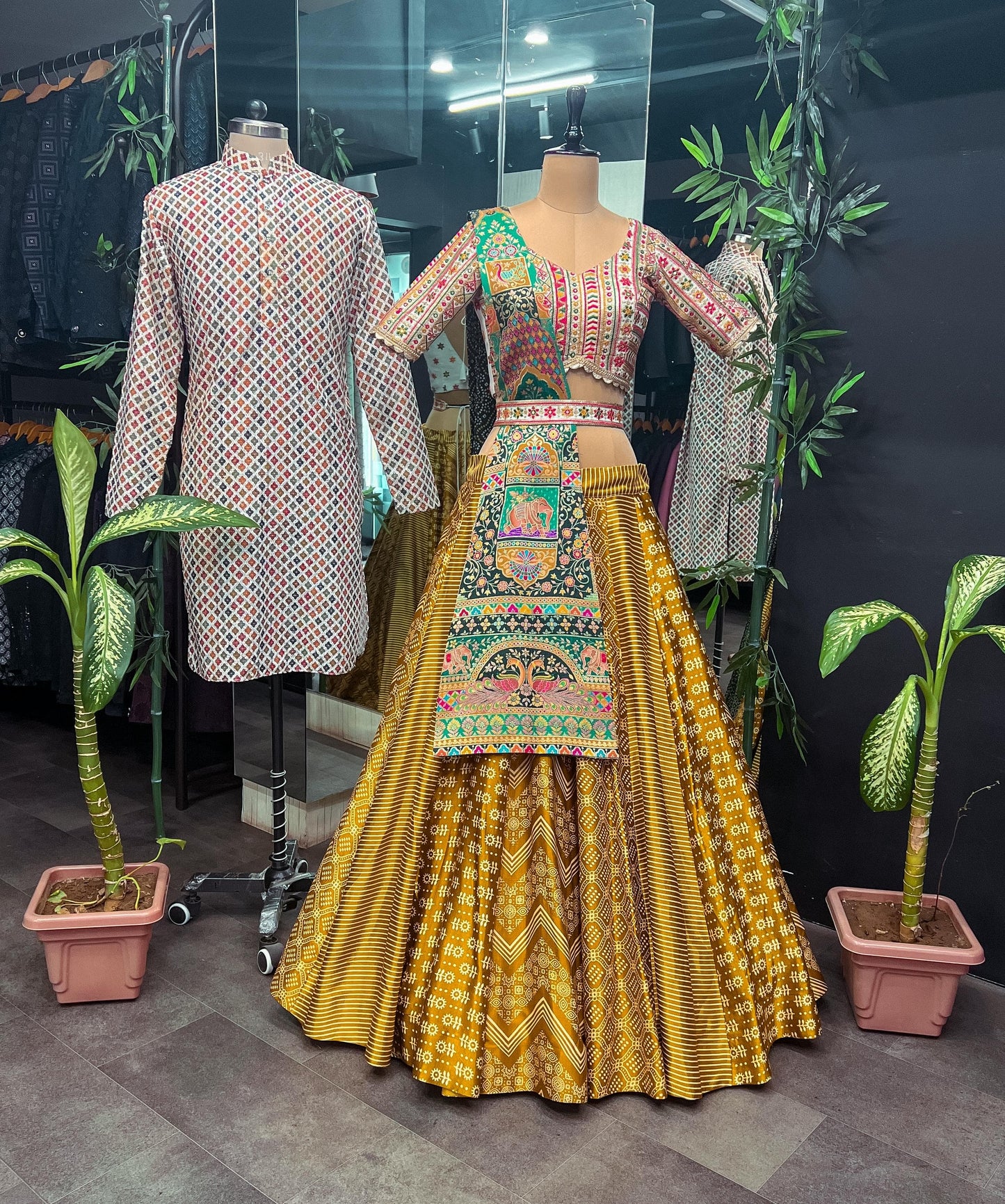 Vihangi- Mustard and green detailed print fully stitched lehenga