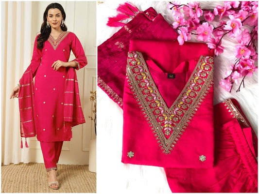 Rani Pink Premium Suit with Pant and Dupatta
