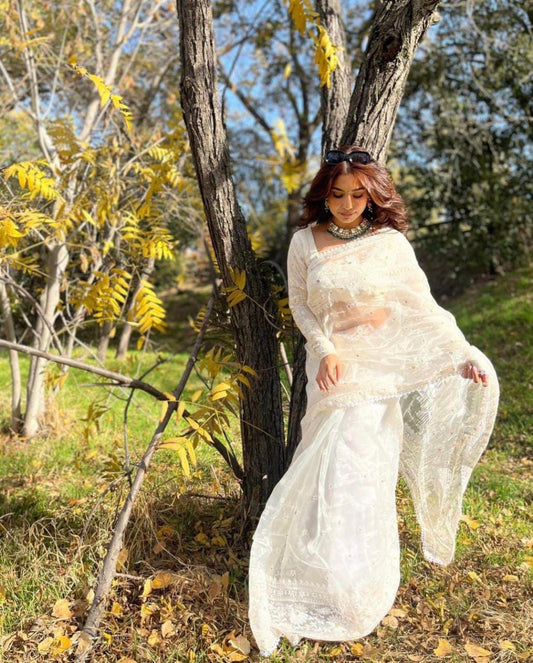 Soft white organza with embroidery work with fully stitched blouse