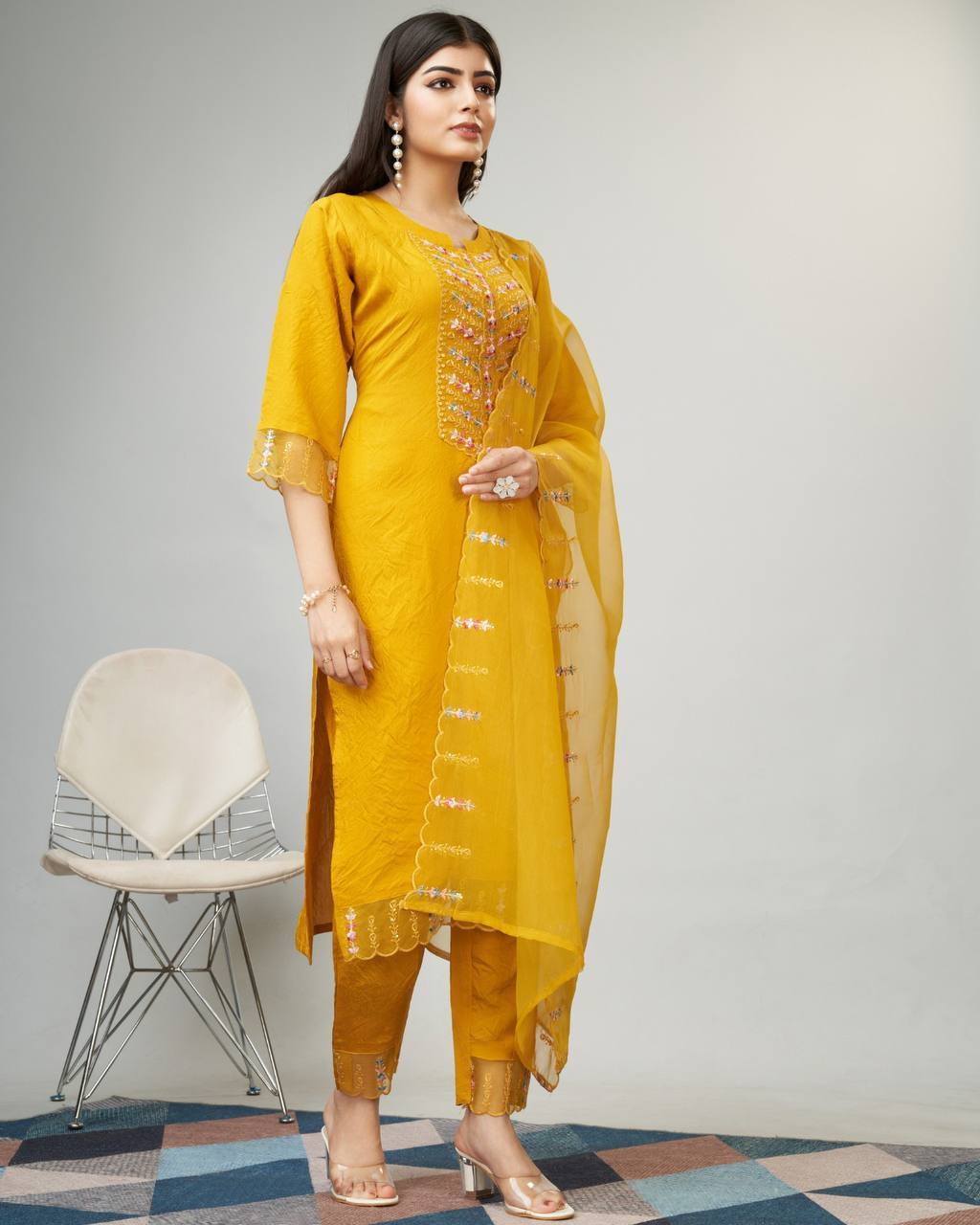 Mustard viscose fabric kurti set