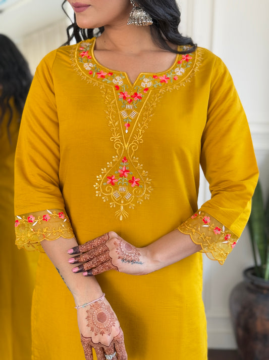 Adaayein by Kiara - Beautiful Mustard Silk Kurti Readymade Set