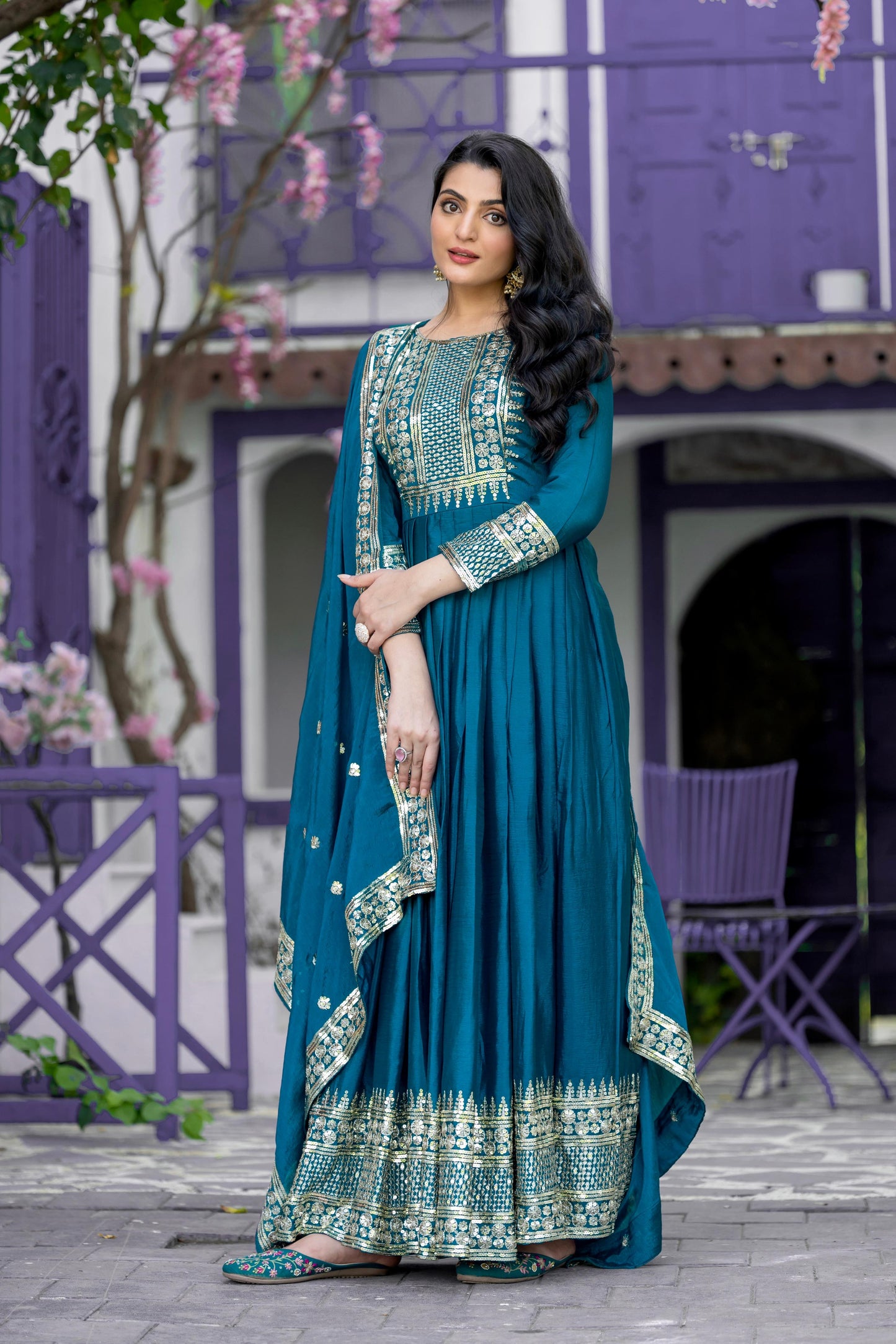 Harshita - Premium Silk Turquoise Gown with Sequins Work Fully Stitched