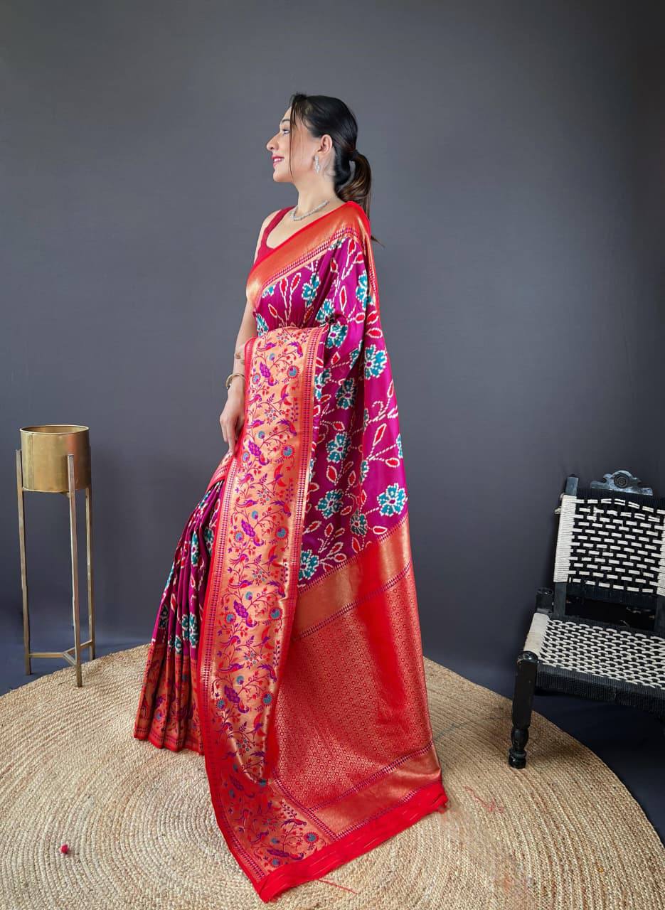 Premium Soft Silk With Rich Patola Weaving and Contast Pallu with Stitched Blouse