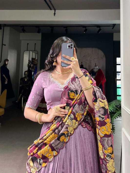 Vidya - Pastel Purple Soft Silk Print Border Lehenga Fully Stitched