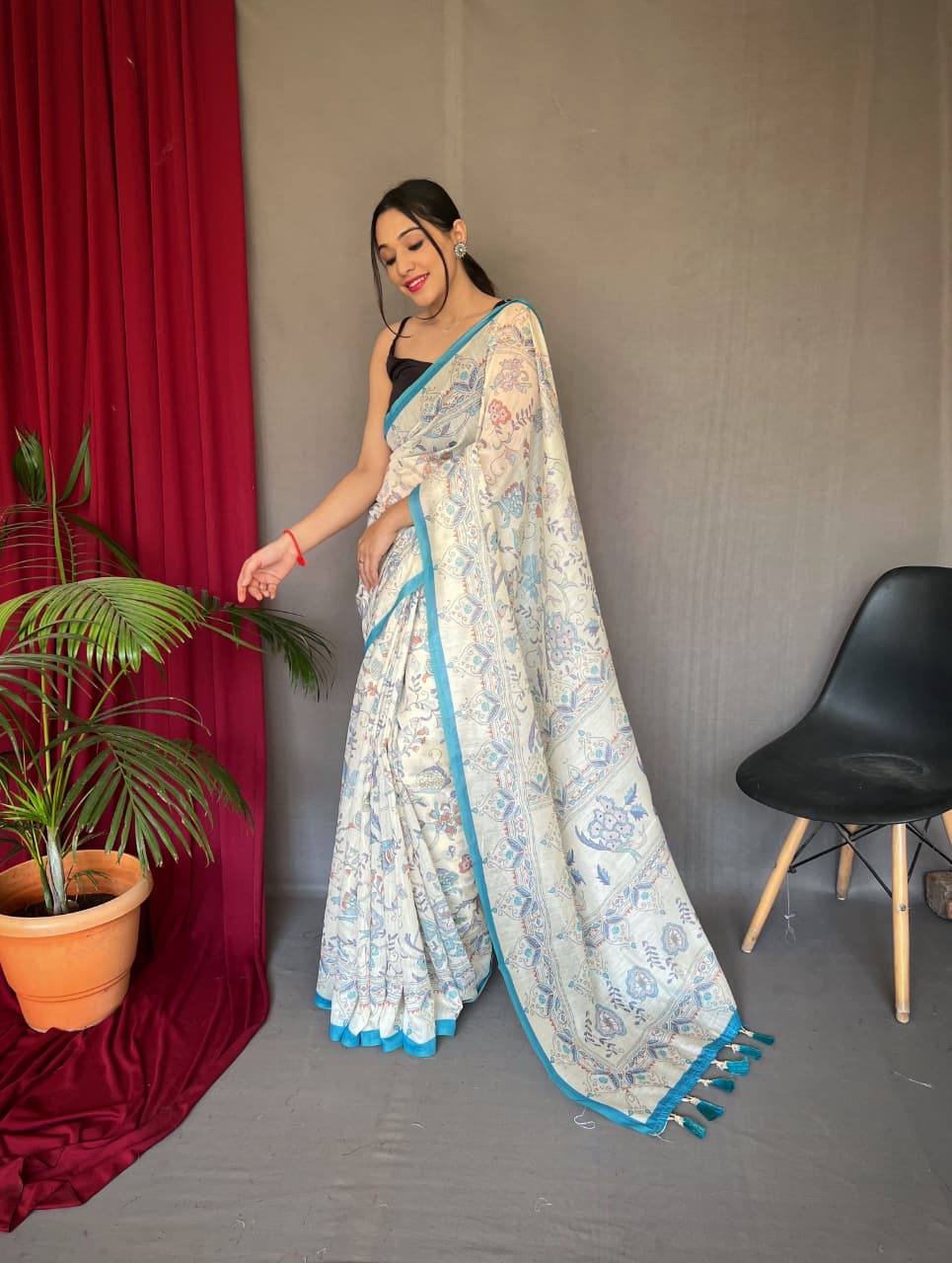 Premium White Cotton Sarees with Katha Prints with Fully Stitched Blouse