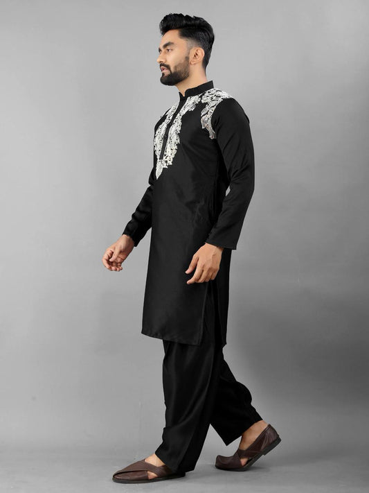 Jet Black Premium Men's Pathani Kurta with Pajama